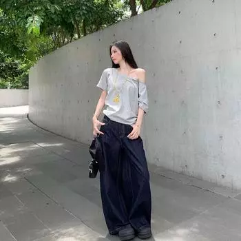 Индивидуальная сумка на спине темно-синие свободные широкие джинсы женские 2024 осень новые американские уличные ленивые и свободные брюки S темно-синий
