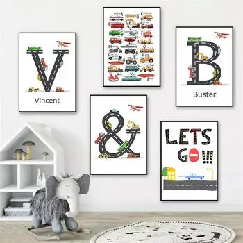 Индивидуальное имя, настенное искусство для детской комнаты, персонализированный настенный плакат с принтом, автомобильное письмо, холст, живопись, фотографии, декор для детской комнаты 21x30cm No Frame