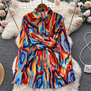 Индивидуальное легкое платье с крестообразным принтом в европейском и американском стиле, элитное женское платье-юбка с лацканами One Size синий