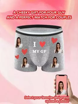 Индивидуальное мужское нижнее белье-боксеры с принтом в виде сердца, эластичное и мягкое, удобное, повседневное персонализированное нижнее белье, идеальный подарок для парня/мужа S серый