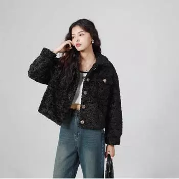 Индивидуальное осенне-зимнее пальто из искусственного меха ягненка, новое женское пальто из ягненка Xiaoxiangfeng с круглым вырезом и шерстяным верхом S чёрный