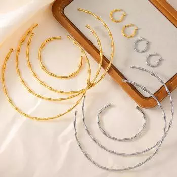 Индивидуальность Простой Тонкий Бамбук Открытое Ожерелье Браслет Серьги Титан Сталь Покрытие 18-каратное Золото Универсальный Набор Комбинация