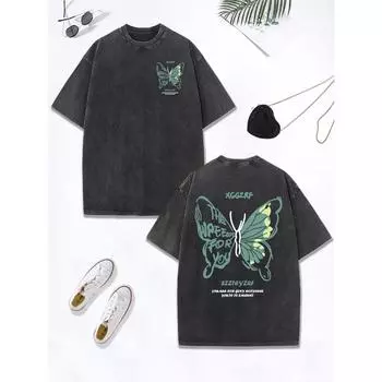 Индивидуальность Вырезы Принты бабочек Выстиранные футболки Женские Хлопковые Оверсайз Топы Рваная футболка Летняя одежда S