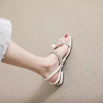 Индивидуальные 228-3 французские сандалии женские с летним толстым каблуком сказочный ветер жемчужные римские сандалии обувь большого размера 34 чёрный