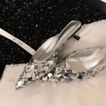 Индивидуальные 311-3 туфли на высоком каблуке с острым носком, женские летние туфли с блестками, корейская версия, тонкий каблук, одна педаль, сумка-мешок, полутапочки 35 чёрный