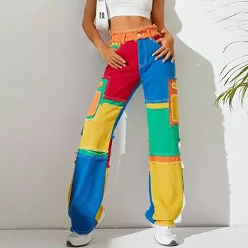 Индивидуальные американские ослепительные уличные вставки с необработанными краями, универсальные свободные прямые джинсовые брюки с высокой талией для женщин S разноцветный