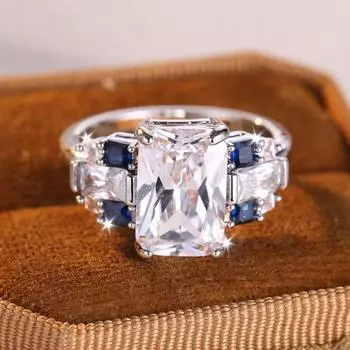 Индивидуальные белые синие квадратные циркониевые кольца для женщин, нежные серебряные свадебные украшения для вечеринки, подарок 7 серебряный