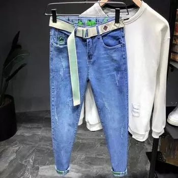 Индивидуальные брендовые джинсы мужские летние тонкие эластичные тонкие мужские длинные брюки микро Harlan new tide 27 синий