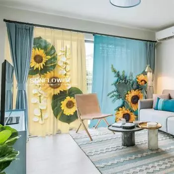 Индивидуальные шторы в пасторальном стиле с изображением подсолнуха, детской спальни, гостиной, виллы, полузатемняющие шторы на окна, вуаль, 2 шт. 2x50W100H(CM)&Grommet Top