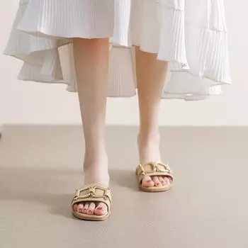 Индивидуальные тапочки 168-22, женская летняя верхняя одежда, фея, сандалии большого размера, корейская версия, название лошади, пряжка, темперамент, одно слово, перетаскивание 34 абрикосовый