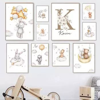 Индивидуальный детский настенный художественный постер и принты, детское имя, персонализированная картина на холсте, медведь, кролик, скандинавские картинки для детской спальни 21x30cm No Frame
