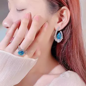 Индивидуальный комплект ювелирных изделий, индивидуальный заказ, 925 пробы, инкрустированное цирконием кольцо с бриллиантами цвета морской волны