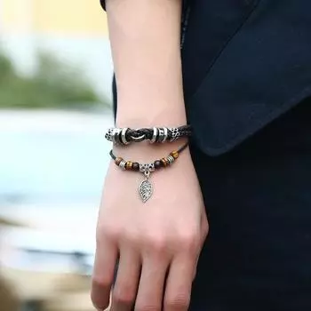 Индивидуальный креативный многослойный тканый мужской кожаный браслет с подвеской в виде листьев чёрный