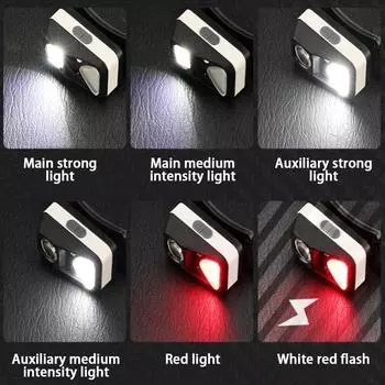 Induction Headlamp,14500 Battery Induction Headlight,Rechargeable Led Lightweight Head Lamp For Night Fishing Red Warning Light
