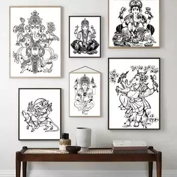 Индуизм Индуистский Бог Ганеша Маска Плакаты Религия Символ Искусство Холст Картина Черно-белые Картины Домашний Декор Настенные Художественные Печати Без Рамки 21*30cm No Frame