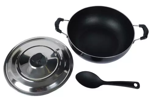 Индукционная основа Trifri без палочек Kadai с крышкой из нержавеющей стали Глубокая сковорода All Purpose Kadai Strong из нержавеющей стали 10 x 6.3 x 6 Inches чёрный