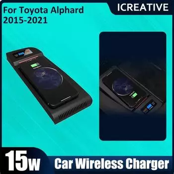 Индукционная зарядная панель QI 15 Вт для телефона iPhone, беспроводная зарядка, автомобильные аксессуары для Toyota Alphard 2015 2016 2017 2018-2021 чёрный
