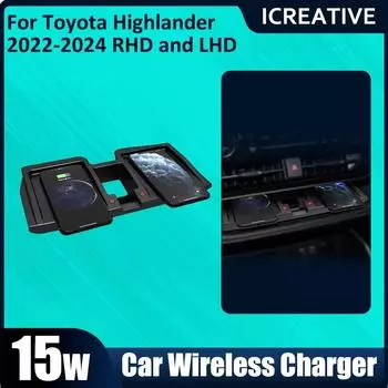 Индукционная зарядная площадка QI 15 Вт для телефона iPhone беспроводная зарядка автомобильные аксессуары для Toyota Highlander 2022 2023 2024 RLHD чёрный