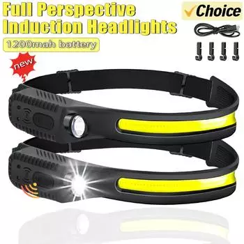 Индукционный налобный фонарь COB LED Сенсорный налобный фонарь Фонарик со встроенным аккумулятором USB Перезаряжаемый налобный фонарь 5 режимов освещения Фара