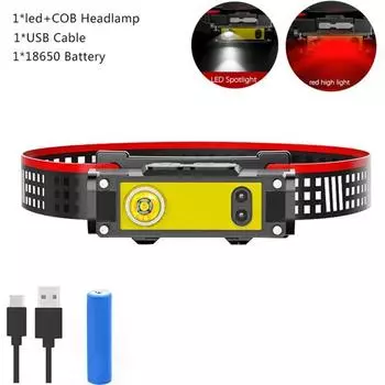 Индукционный налобный фонарь COB Светодиодный налобный фонарь Портативный водонепроницаемый фонарик USB Перезаряжаемый налобный фонарь 6 режимов освещения 18650 Налобный фонарь NO Battery чёрный