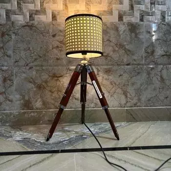 Industrial Wood Table Lamp with Natural Jute Shade for Living Room - Vintage inspired Brown Bedside Corner Lighting Lamp