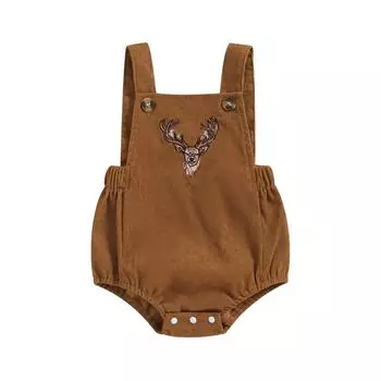 Infant Baby Summer Overalls Deer Head Embroidery Sleeveless Square Neck Corduroy Bodysuit for Toddler Boys Girls 0-3 Months