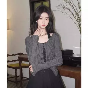 Influencer Picks Fashion Waste Soil Wind Fake Two-Piece Halterneck Strap Two-Piece Suit Slim Fit Long-Sleeved T-shirt Short Tops Women