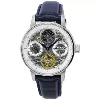 Ingersoll The Jazz Sun and Moon Phase кожаный ремешок скелетон с серебряным циферблатом автоматические мужские часы I07702 серебряный