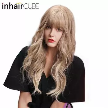 Inhaircube 22-дюймовые длинные волнистые синтетические парики с челкой Светло-русые термостойкие парики с естественной волной для женщин 56cm светлый/коричневый