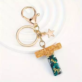 Initial Letter A-Z Starfish Keychain Women Backpack Wallet Car Keyring Alphabet Green Motorcycle Ornaments Key Holder Gifts T
