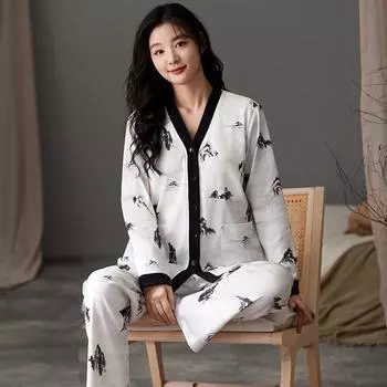 Ink and Wash Женский пижамный комплект Повседневный Длинные рукава Длинные брюки Осень Зима Простая одежда для сна Уютная пижама Мягкая пижама для девочек M