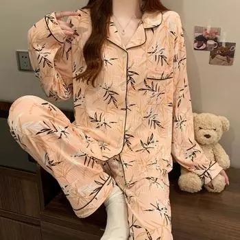 Ink Bamboo Print Fashion Women s Pajamas Set Chinese Style Vintage Two Pieces Set Sleepwear Autumn Winter Casual Pajamas M