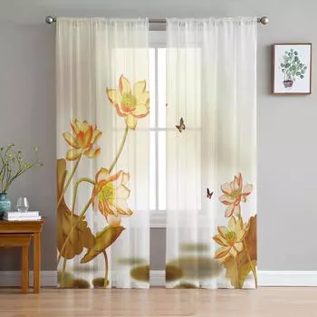 Ink Lotus Butterfly Sheer Curtains Window Tulle Curtains For Living Room Bedroom For Kitchen Veiling Curtains Decoration W135 x H114cm