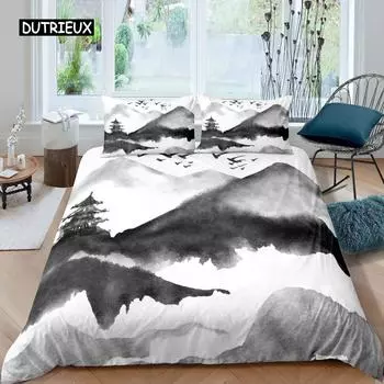 Ink Painting Duvet Cover Set Microfiber Abstract Natural Chinese Style Bedding Set Soft Landscape Theme 2/3 Pcs Comforter Cover EU single(135x200cm)