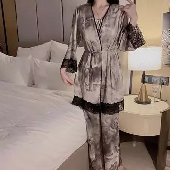 Ink Sexy пижамный комплект для женщин с принтом Ice Silk топ с бретельками и разрезами брюки кружевной женский пижамный комплект M