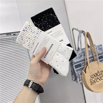 Ink-Splashed Art Socks: Medium-Length, Trendy Japanese & Korean Style, Terry Bottom, Starry Sky Design, Unisex Winter Essential. Unisex One Size (35-45) Handmade белый