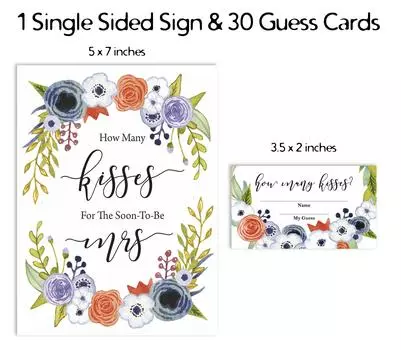 Inkdotpot 1 Sign 30 Cards How Many Kisses For The Soon To Be Mrs White Floral Bridal Shower 3.5 x 2 Inches белый