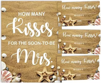 Inkdotpot 1 Sign + 30 Cards How Many Kisses for The Soon to Be Mrs White Beach Bridal Shower Game 3.5 x 2 Inches белый
