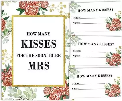 Inkdotpot 1 Sign + 30 Cards How Many Kisses for The Soon to Be Mrs White Floral Bridal Shower Game 3.5 x 2 Inches белый
