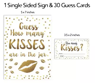 Inkdotpot 1 Sign + 30 Cards How Many Kisses in The Jar White Gold Confetti Bridal Shower Game 3.5 x 2 Inches белый