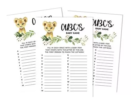 Inkdotpot Baby Shower Game Set Of 50 BabyA AlphabetA ABCA Game Baby Cheetah Jungle Animals Party 5 x 7 Inches