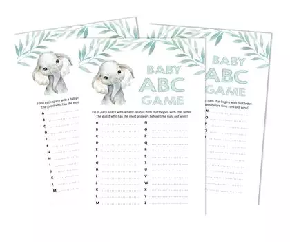 Inkdotpot Baby Shower Game Set Of 50 BabyA AlphabetA ABCA Game Baby Elephant Гендерно-нейтральная вечеринка 5 x 7 Inches