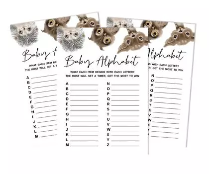 Inkdotpot Baby Shower Game Set Of 50 BabyA AlphabetA ABCA Game Deer, Owl And Hedgehog Jungle Animals Party 5 x 7 Inches