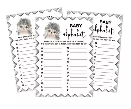 Inkdotpot Baby Shower Game Set Of 50 BabyA AlphabetA ABCA Game Hedgehog Jungle Animals Party 5 x 7 Inches