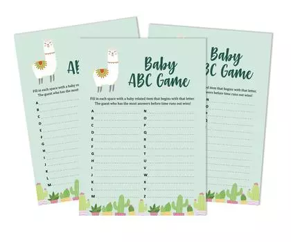 Inkdotpot Baby Shower Game Set Of 50 BabyA AlphabetA ABCA Game Llama Гендерно-нейтральная вечеринка 5 x 7 Inches