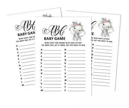 Inkdotpot Baby Shower Game Set Of 50 BabyA AlphabetA ABCA Game Baby Elephant Girl Jungle Animals Party 5 x 7 Inches