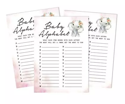 Inkdotpot Baby Shower Game Set Of 50 BabyA AlphabetA ABCA Game Baby Elephant Girl Jungle Animals Party 5 x 7 Inches