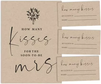 Inkdotpot Beige Rustic Kraft Paper How Many Kisses for The Soon to Be Mrs Bridal Shower Game 1 Sign + 30 Cards 3.5 x 2 Inches бежевый