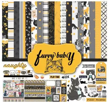 Inkdotpot Black & Yellow Cat Theme Collection Двухсторонний набор бумаги для скрапбукинга Набор карточек для изготовления бумажной упаковки с листом наклеек - 16 страниц 12 x12 жёлтый