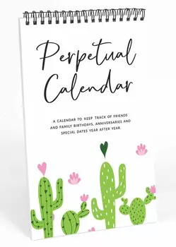 Inkdotpot Cactus Perpetual Calendar, важные даты для запоминания - ежемесячный и ежедневный журнал 6x9 для особых дней 9 x 6 Inches белый